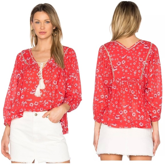 FREE PEOPLE Never A Dull Moment Floral Boho Peasant Oversized Cotton Blouse Sz S - Picture 4 of 12